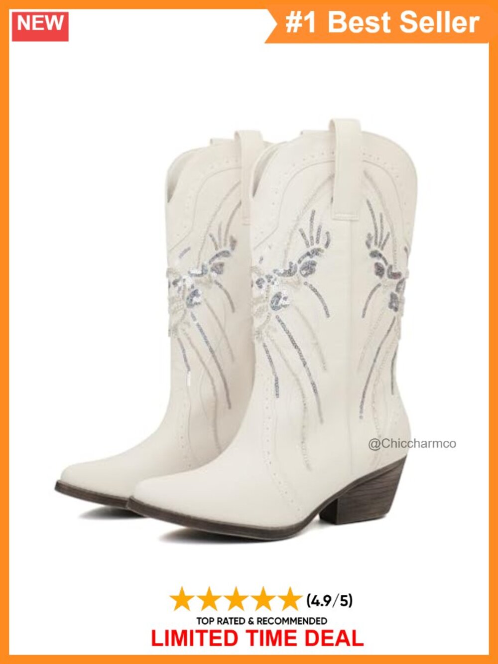 Sequin Embroidered Western Cowboy Boots Mid-Calf Block Heel Pull-On